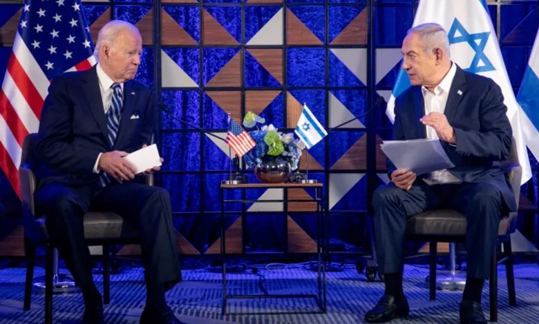 Joe Biden, left, meets with Benjamin Netanyahu, right, to discuss the ongoing conflict between Israel and Hamas